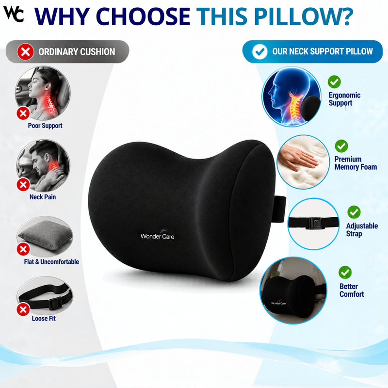 Wonder Care Car Neck Rest Pillow | Memory Foam Neck Support Pillow for Car Seat | Ergonomic Headrest Cushion for Driving, Travel| Soft Neck Cushion | Universal Size