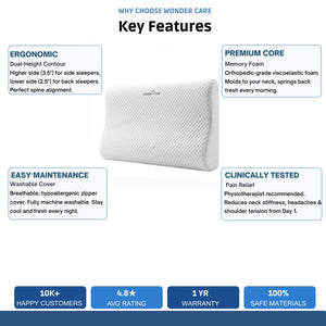 Wonder Care Memory Foam Cervical Pillow for Neck Pain & Shoulder Pain Relief | Orthopedic Neck Support Pillow for Sleeping | Soft Bed Pillows for Side & Back Sleepers | Washable Cover