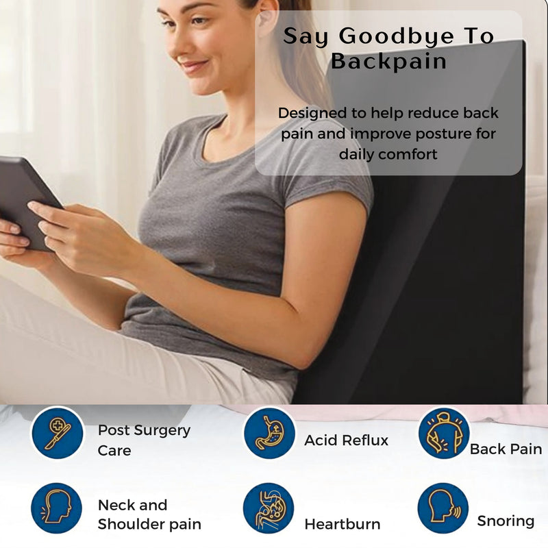 Wonder Care Wedge Plus Max Cushion | Extra-Large Back Support Pillow for Bed with Side Pockets | Wedge Pillow for Neck & Back Pain Relief, Acid Reflux | Triangle Cushion with Carry Handle- Black