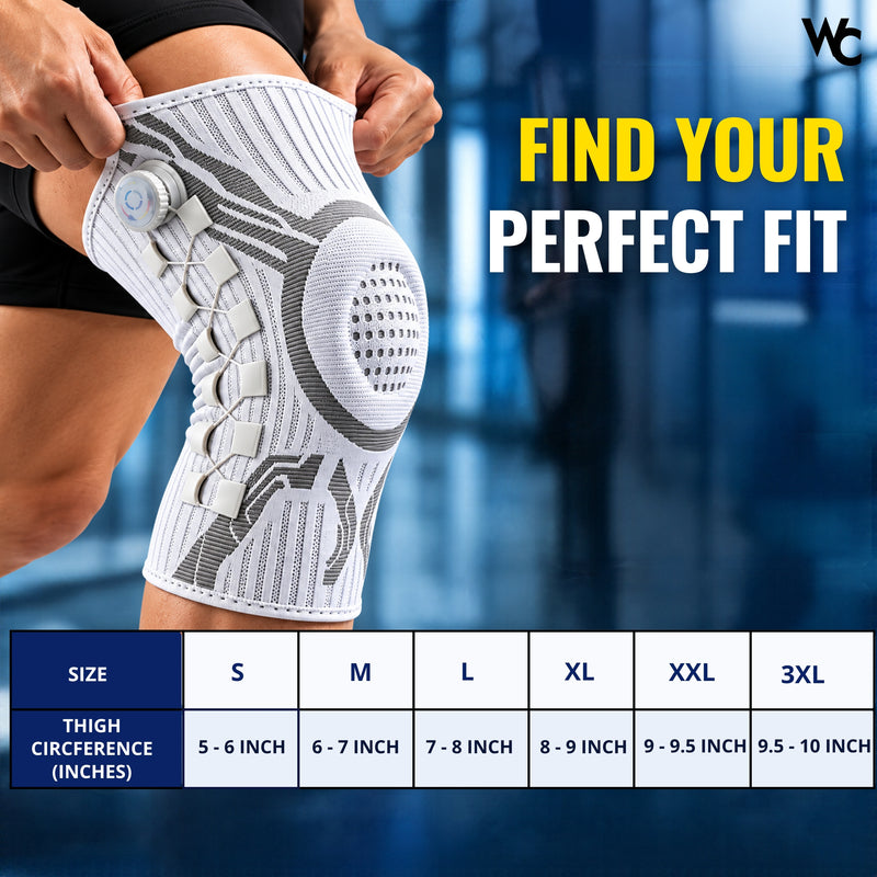 WC Knee Brace for Men & Women, Adjustable Dial Compression Knee Support with Lace-Up System, Breathable Knee Cap for Joint Stability, Gym, Running, Walking & Sports