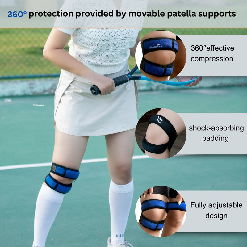 BUY 1 Get 1 FREE Adjustable Knee Neoprene Blend Brace For Pain, Patella, Strap For Workout, Sports, Arthritis, Acl, Mcl, Meniscus Tear Patellar Tendon Support Men & Women Free Size (Blue/Black)