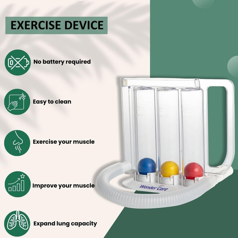 Wonder Care- Deep Breathing Lung Exerciser - 3 Balls Incentive Spirometer - Small and Washable for Adults, White, Pack of 1
