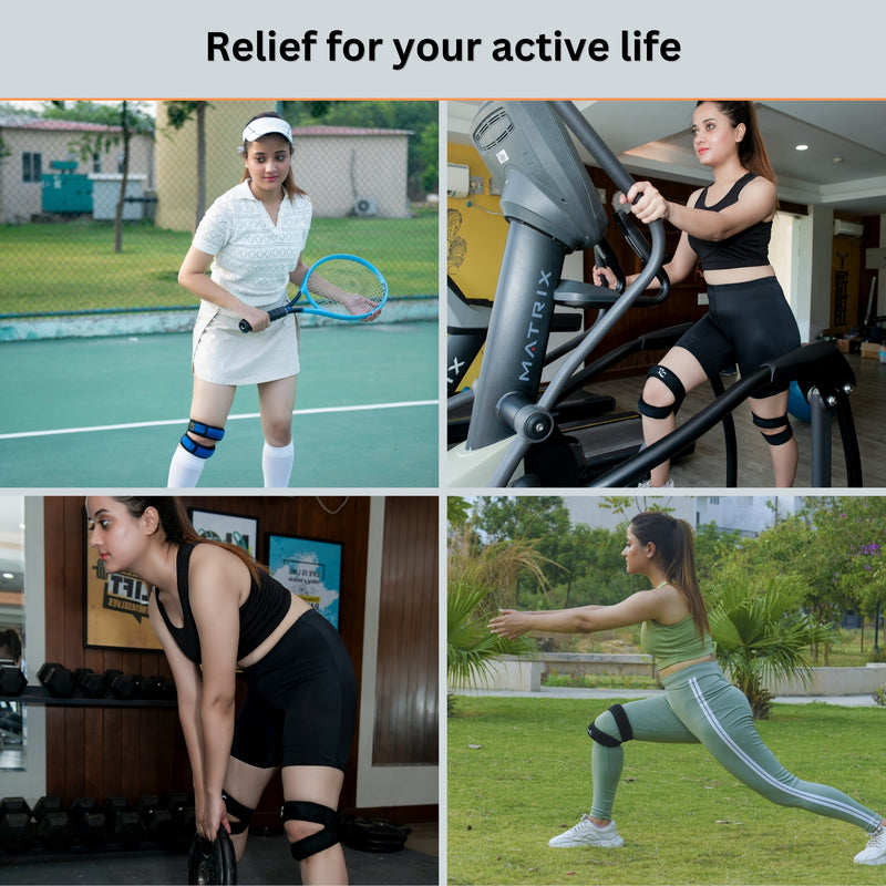 BUY 1 Get 1 FREE Adjustable Knee Neoprene Blend Brace For Pain, Patella, Strap For Workout, Sports, Arthritis, Acl, Mcl, Meniscus Tear Patellar Tendon Support Men & Women Free Size (Blue/Black)