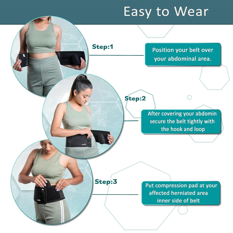 Wonder Care Polyester, Umbilical Black Hernia Belt Pain Relief Support Brace With 1 Removable Compression Pad For Men & Women
