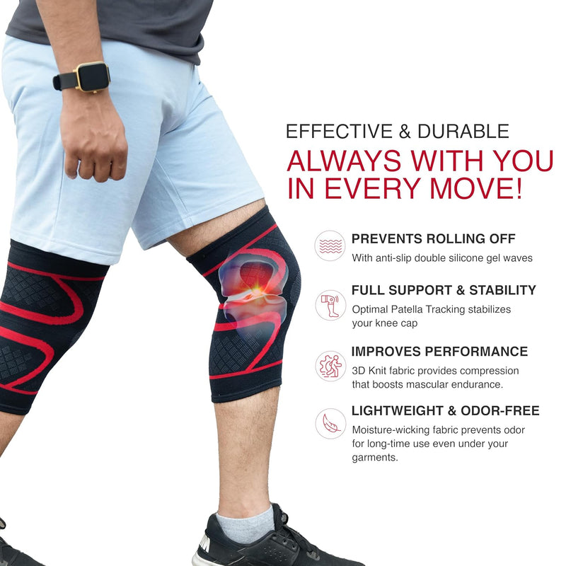 BUY 1 Get 1 FREE Wonder Care Knee Sleeve Knee Brace Compression Knee Sleeve For Men And Women Knee Support Running Knee Sleeve Workout Knee Sleeve Gym Hiking Sports Running Gym (Red-Black)