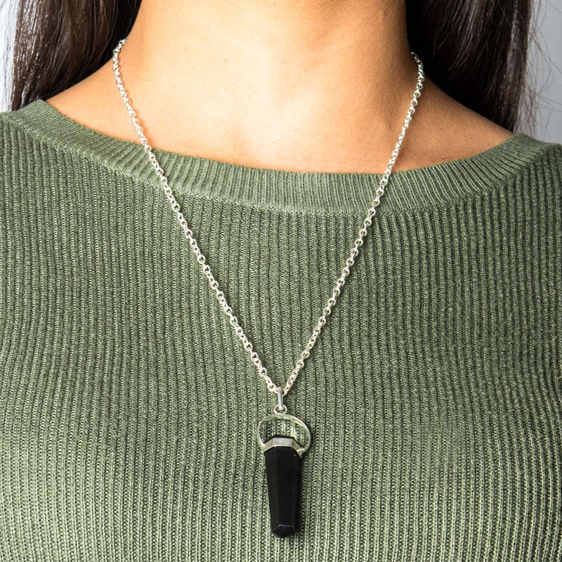 Natural Hexagonal Crystal Quartz Pendant Black