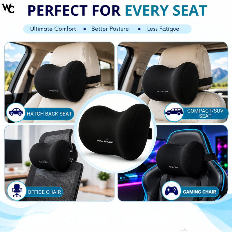 Wonder Care Car Neck Rest Pillow | Memory Foam Neck Support Pillow for Car Seat | Ergonomic Headrest Cushion for Driving, Travel| Soft Neck Cushion | Universal Size
